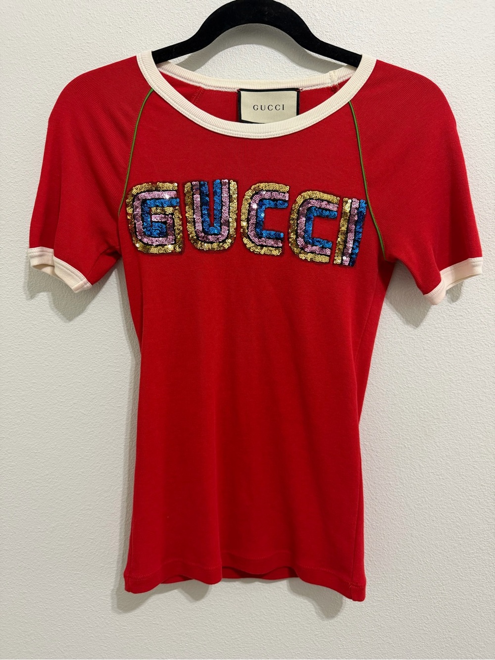 Gucci (COA) Red Sequin Tee Top with Multicolor Sequin Logo